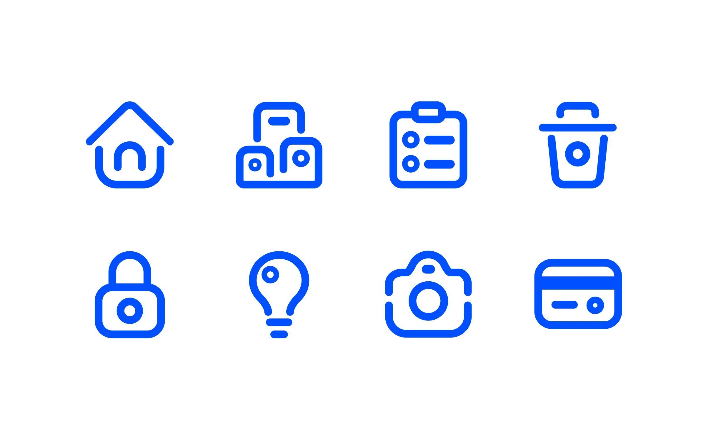 A set of blue outline interface icons: home, delivery, checklist, trash, lock, idea, camera, and card