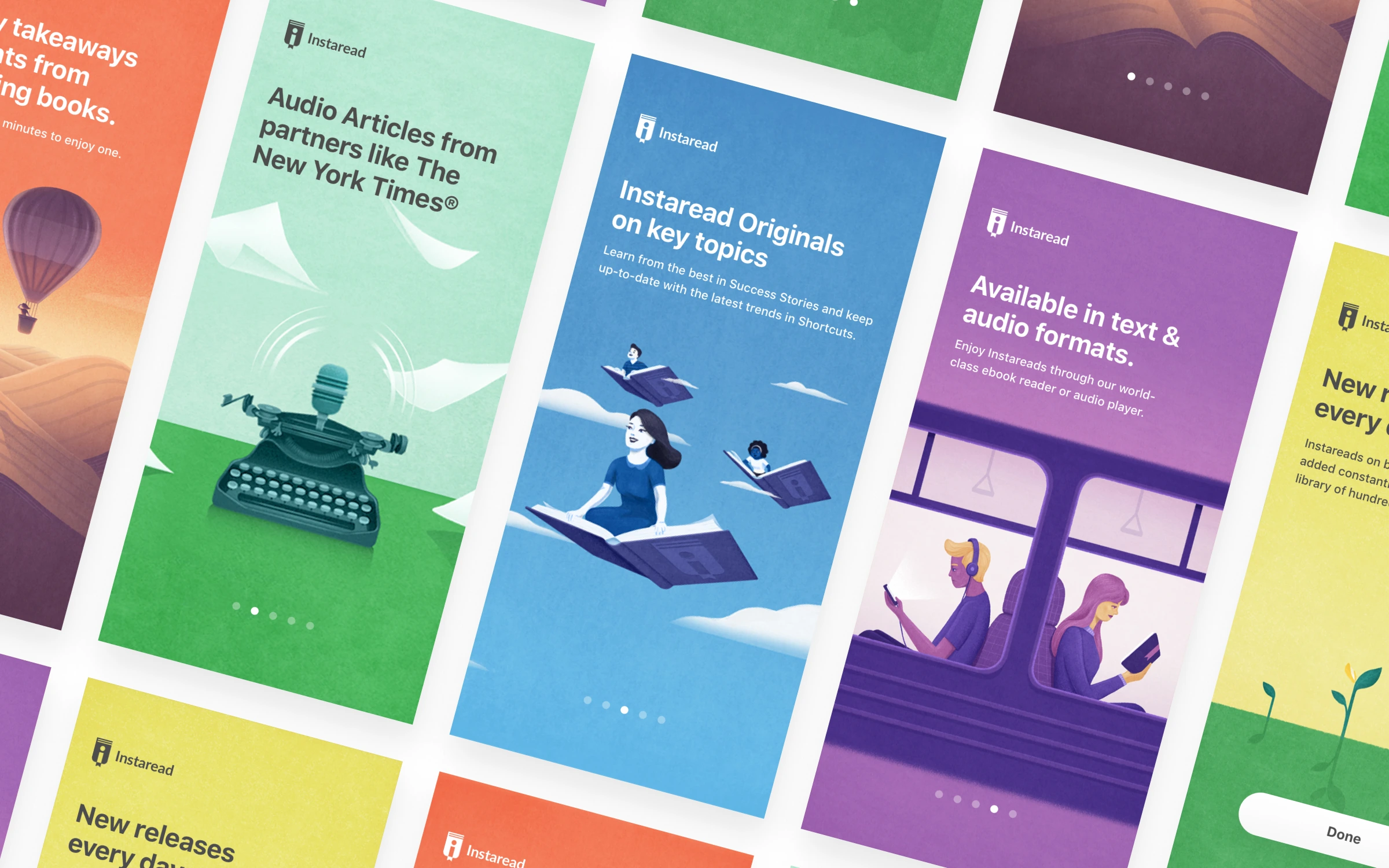 A grid of illustrated marketing cards for an audiobook service, each in a different color