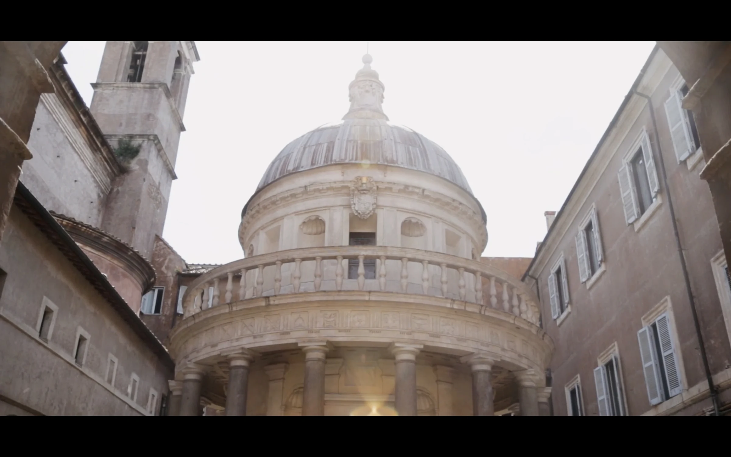 Bramante's Tempietto seen from the courtyard below on an overcast day