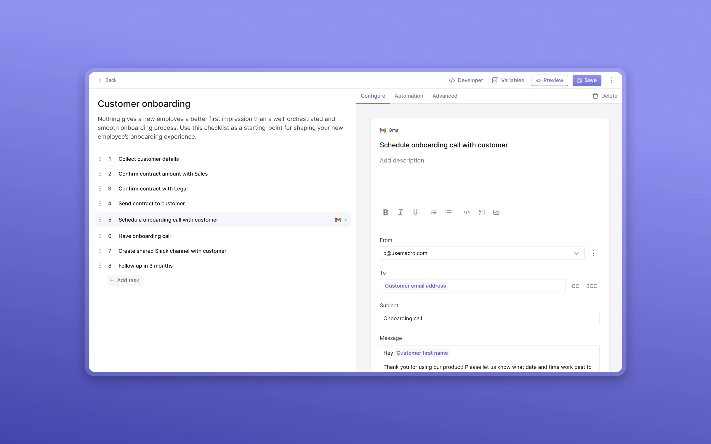 Macro's customer onboarding checklist beside an inline email composer