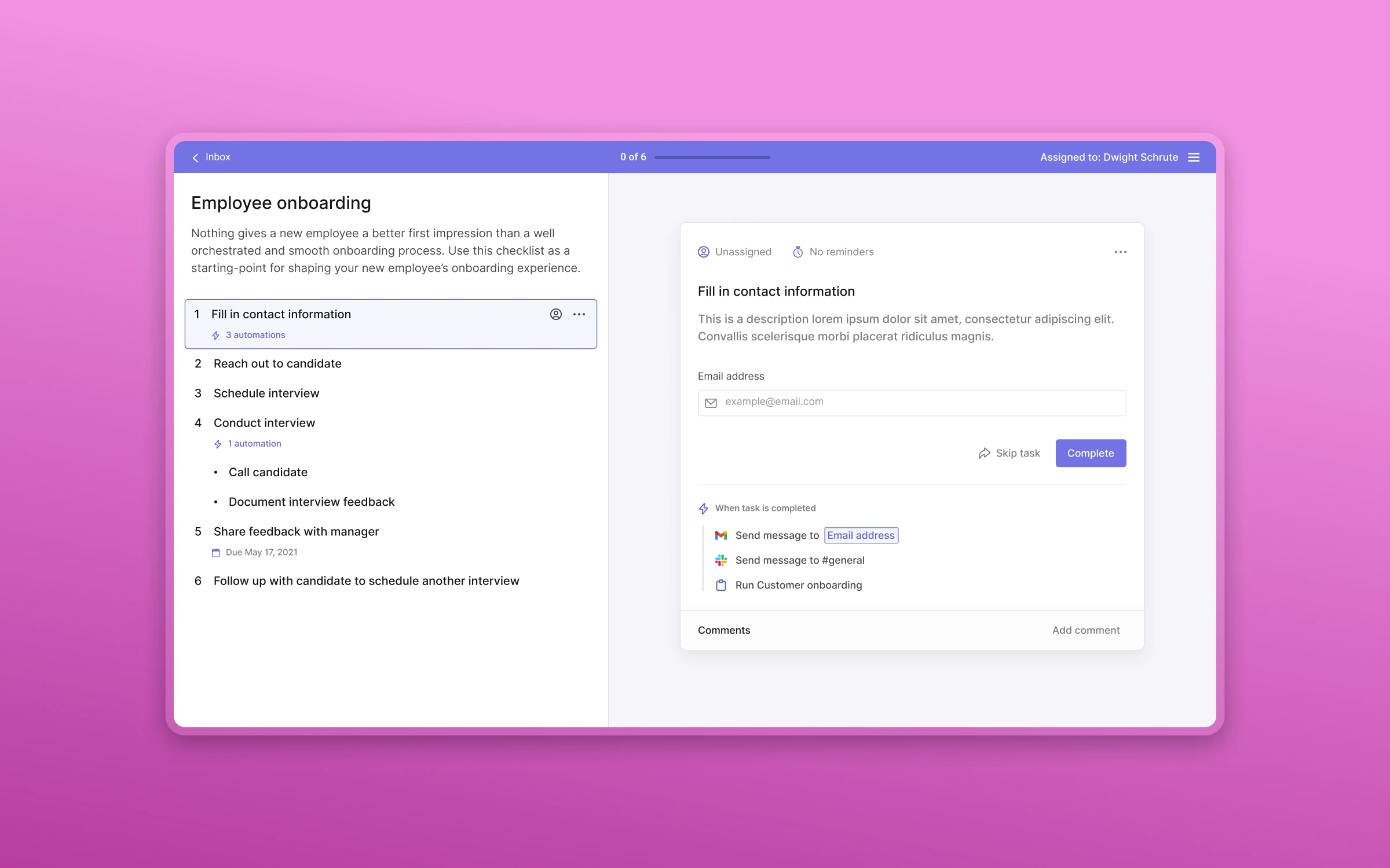 Macro's employee onboarding run with a task checklist and contact form