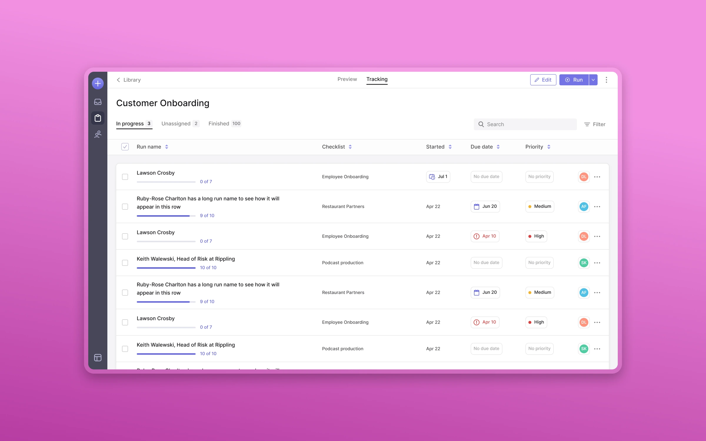 Macro's run tracking table showing onboarding progress across customers