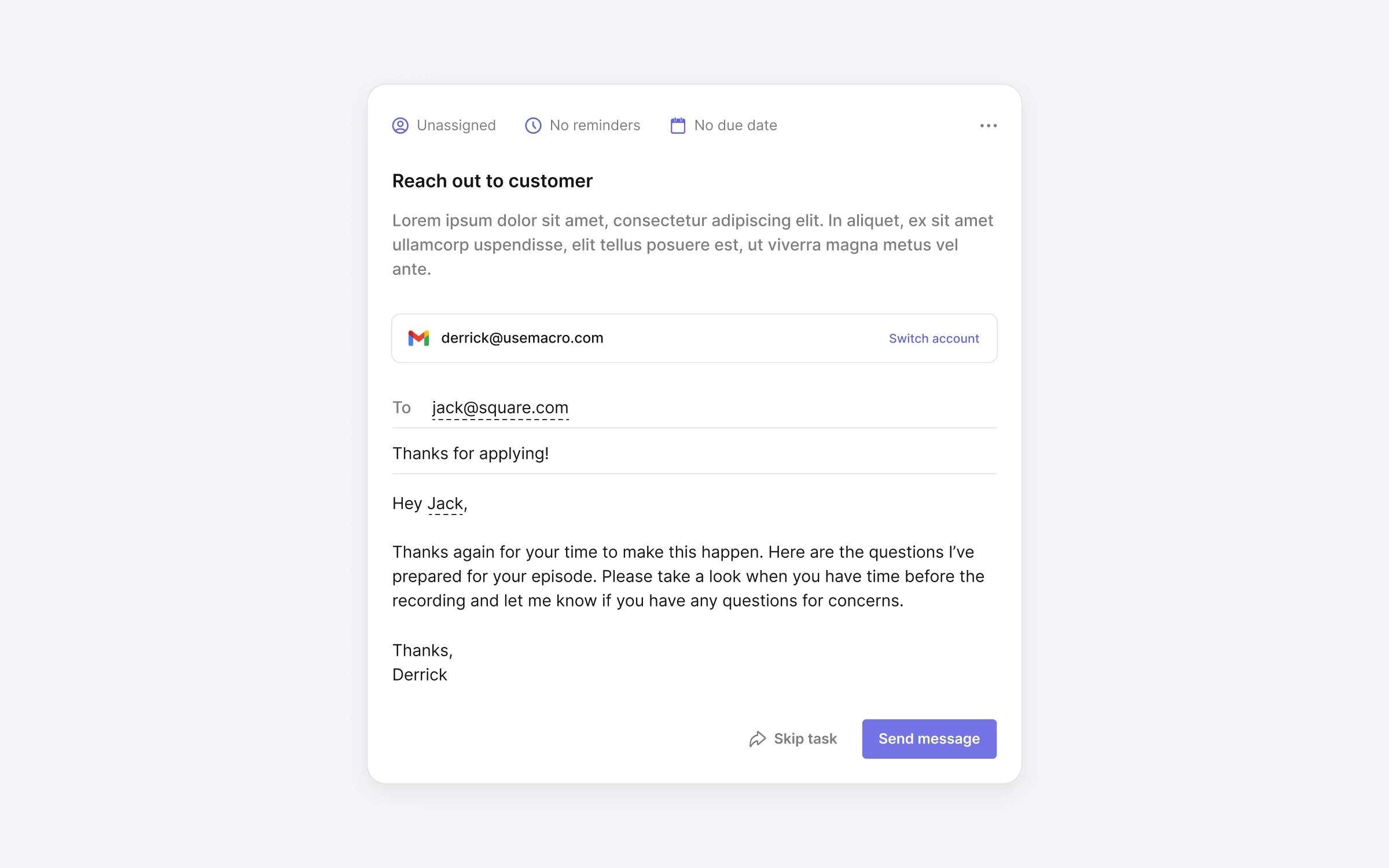 A Macro task detail view with an outbound customer message being composed