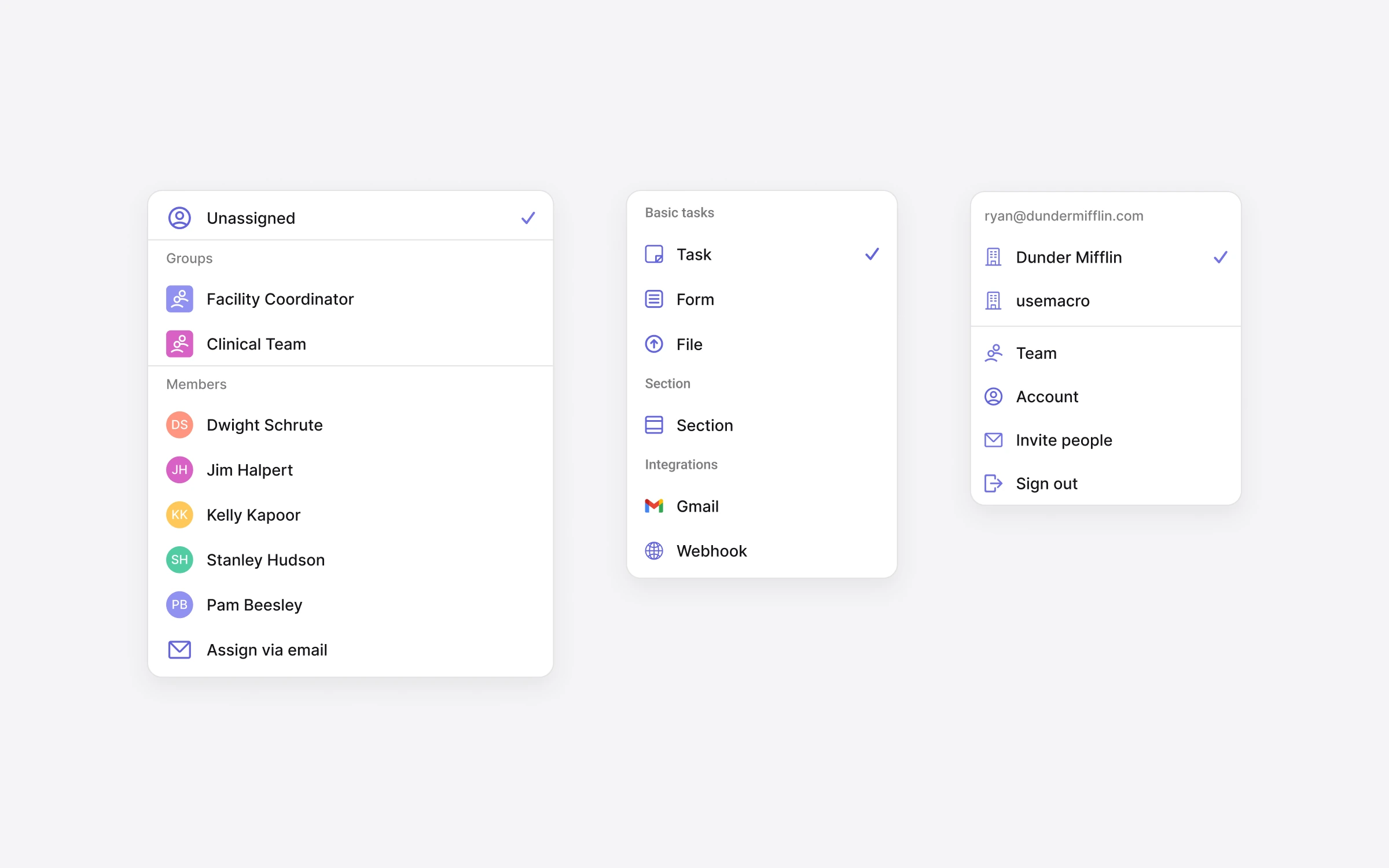 Macro menu components: task type picker, section list, and account menu