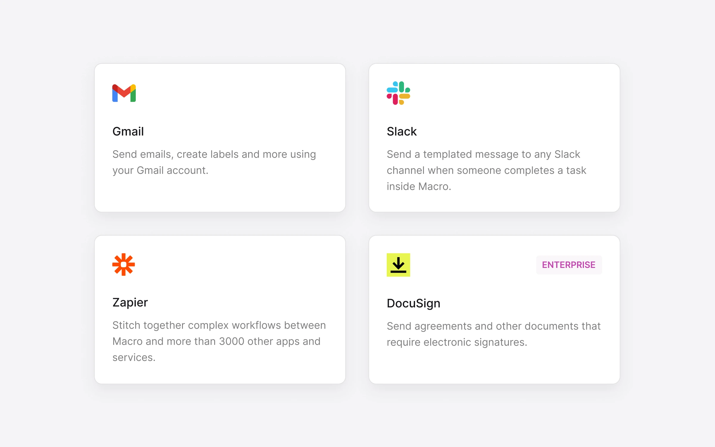 Macro integration cards for Gmail, Slack, Zapier, and DocuSign