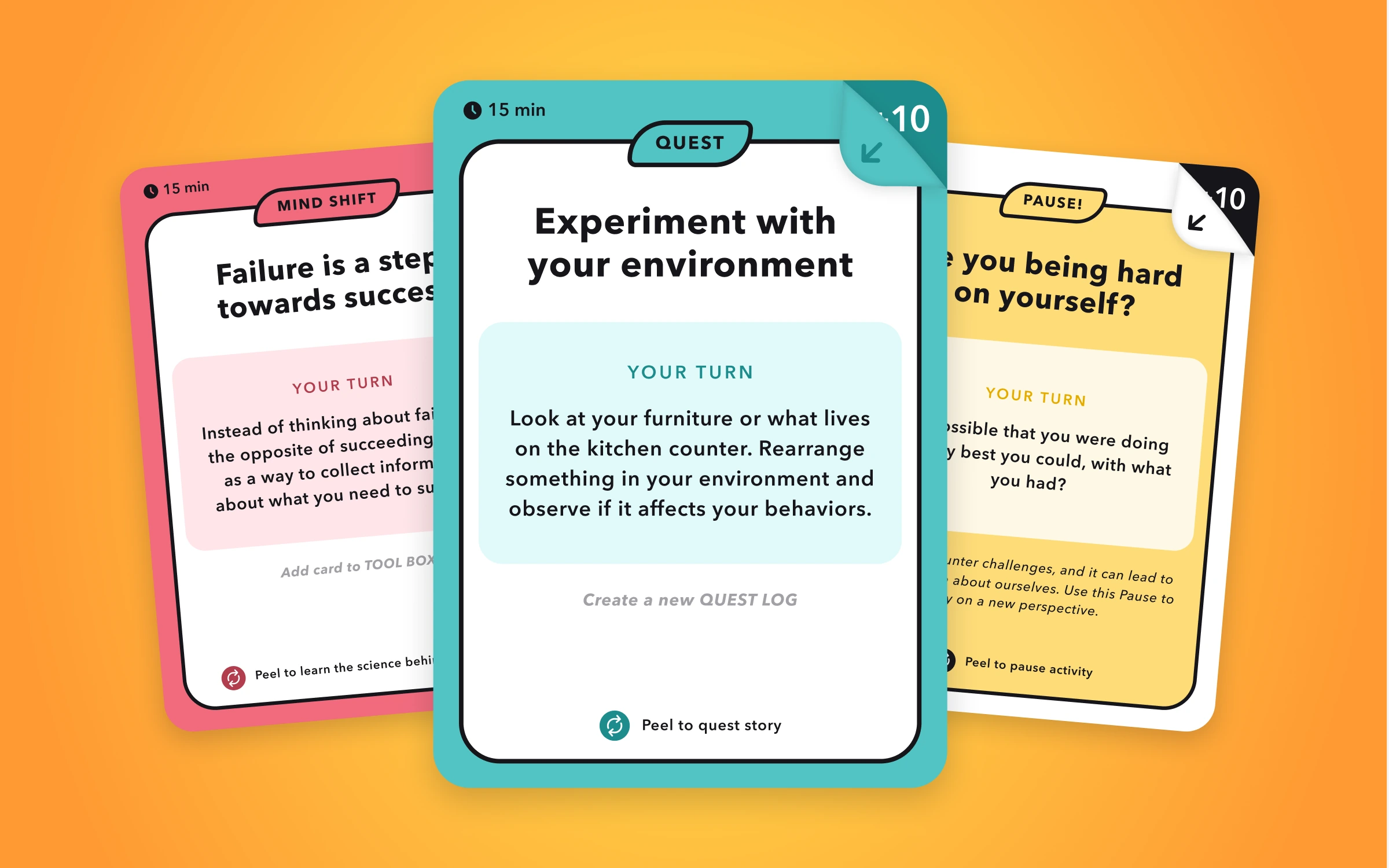 Seven.me prompt cards fanned out on orange, one reading Experiment with your environment