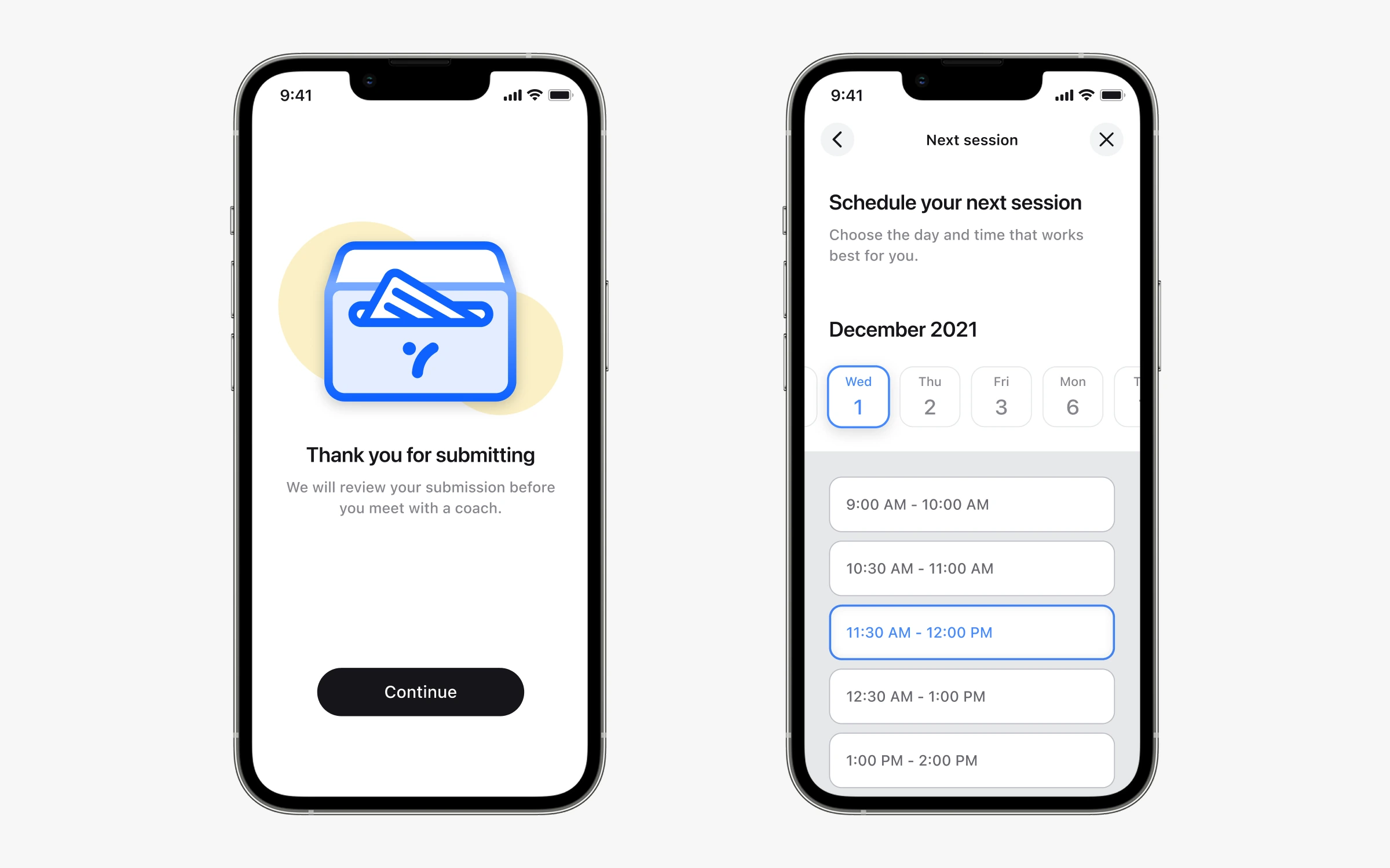 Two Seven.me mobile screens: a submission confirmation and a session scheduling flow