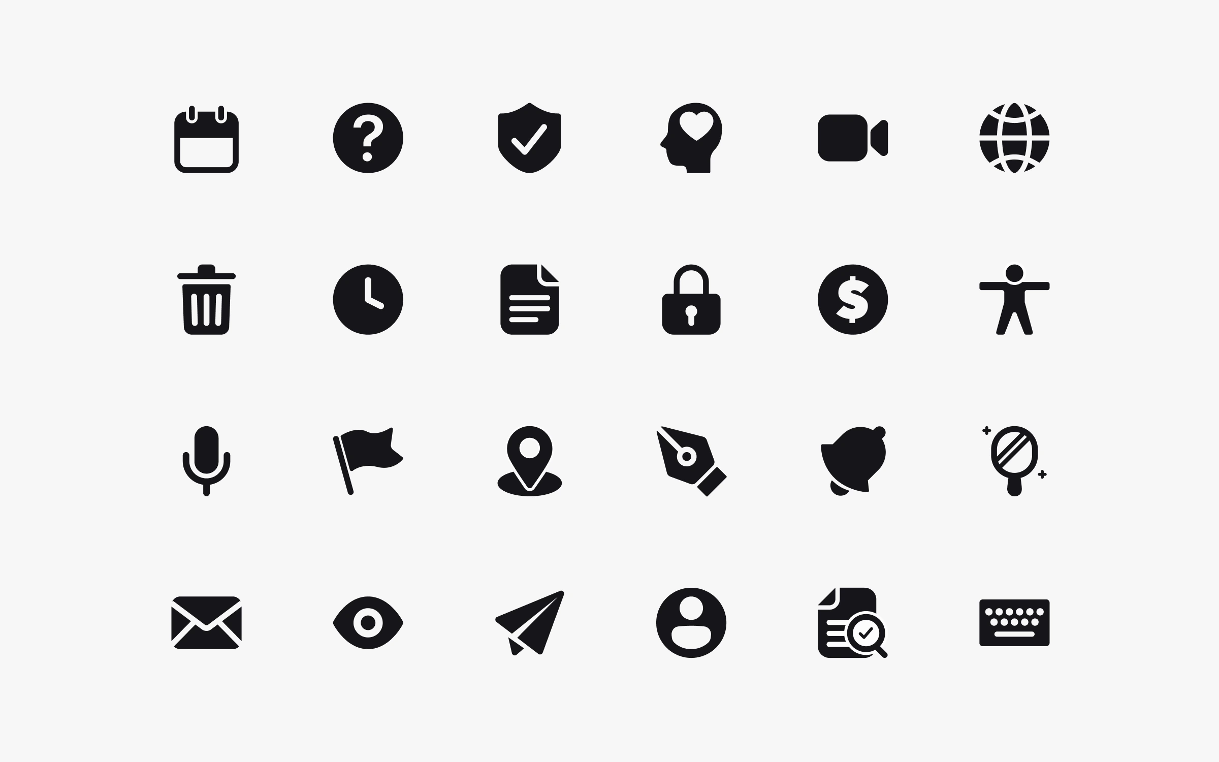 A grid of black interface icons including calendar, shield, video, trash, and location
