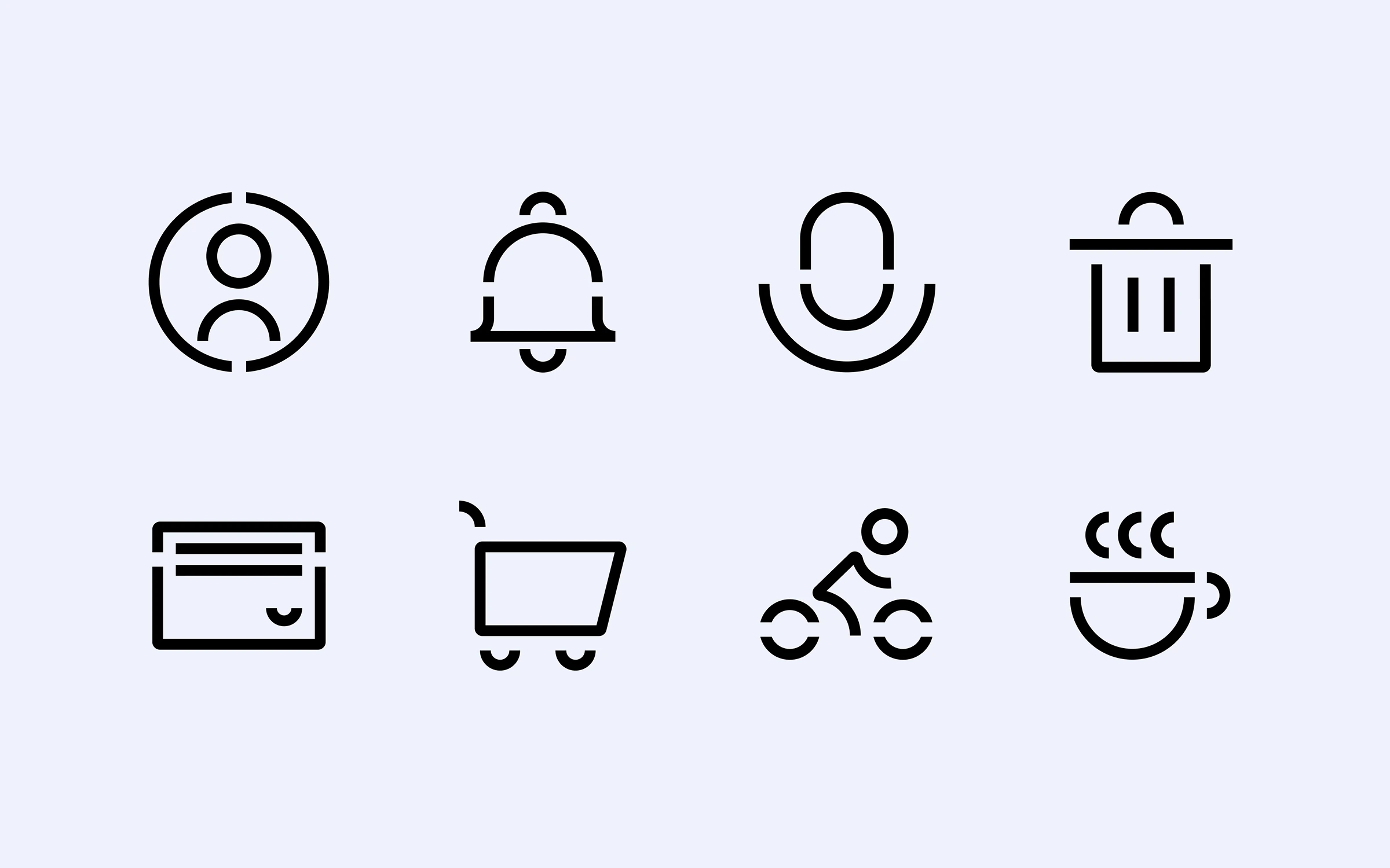 Eight Serendie Symbols icons in outline style: account, notification, microphone, trash, wallet, cart, share, and coffee