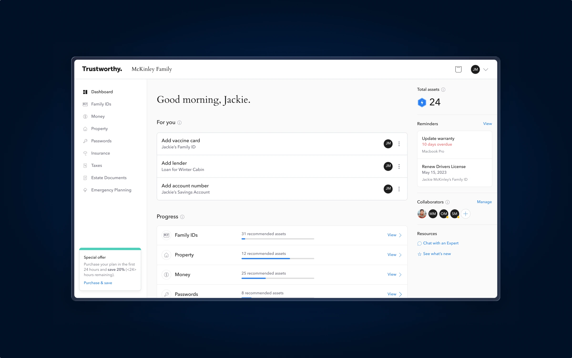 The Trustworthy dashboard on desktop, listing family accounts and progress toward a complete profile