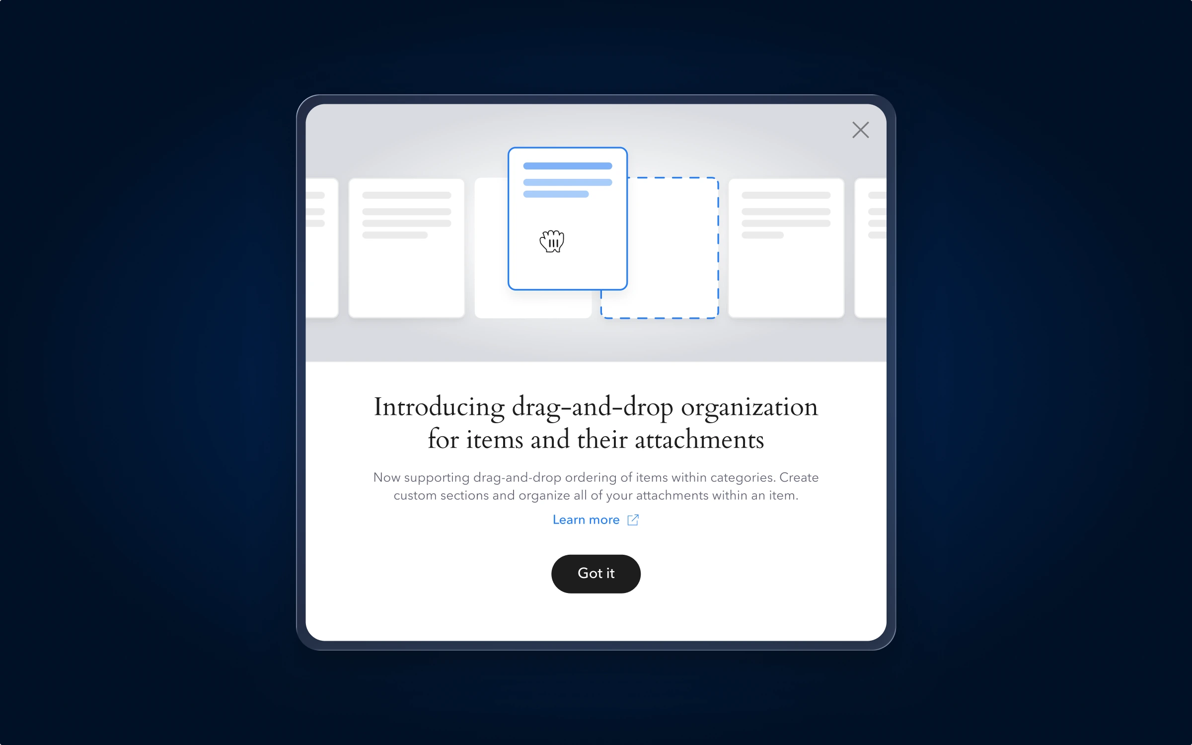 A Trustworthy product announcement introducing drag-and-drop organization for items and attachments